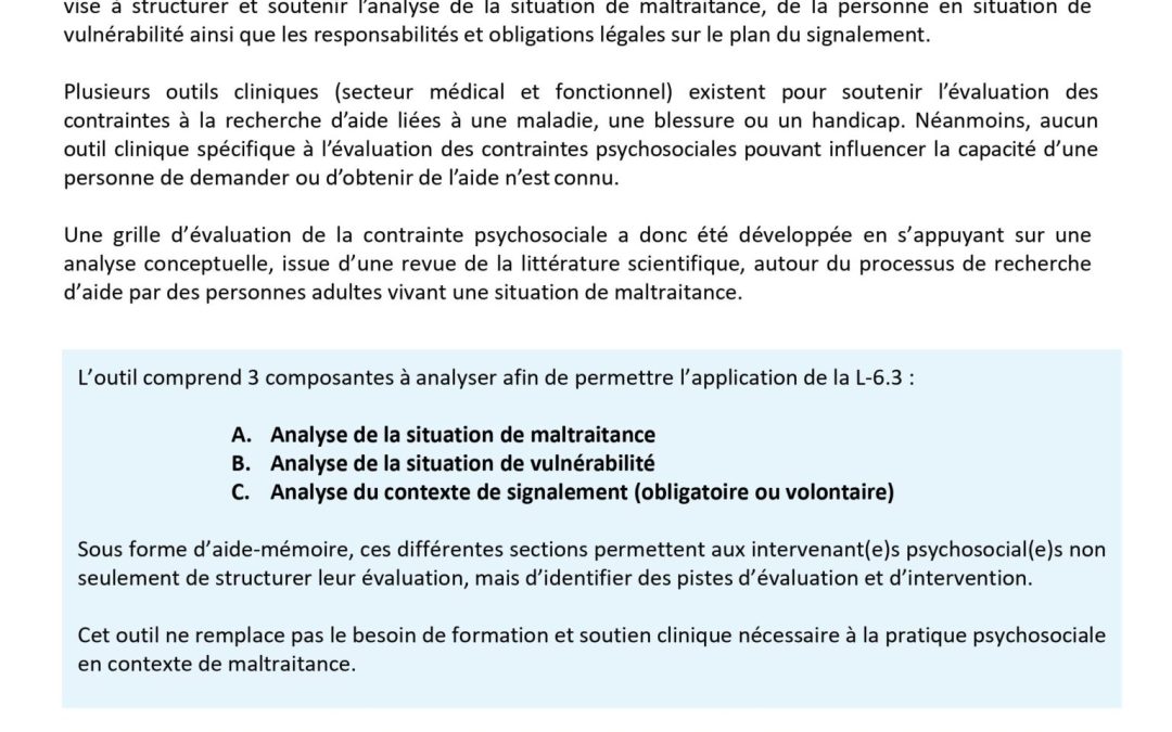 Evaluation Tool for Situations of Mistreatment in the  Context of the Act to Combat Maltreatment