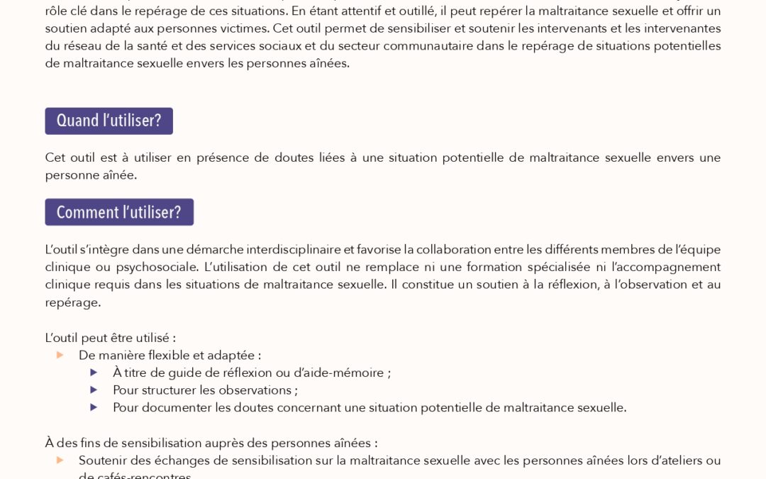 Outil pour repérer les situations potentielles de maltraitance sexuelle envers les personnes aînées