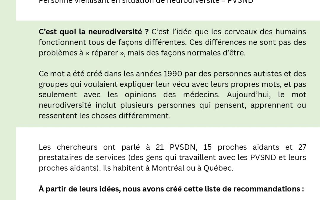 Recommandations : Les expériences d’exclusion et d’inclusion sociale chez les personnes vieillissant en situation de neurodiversité et leurs proches